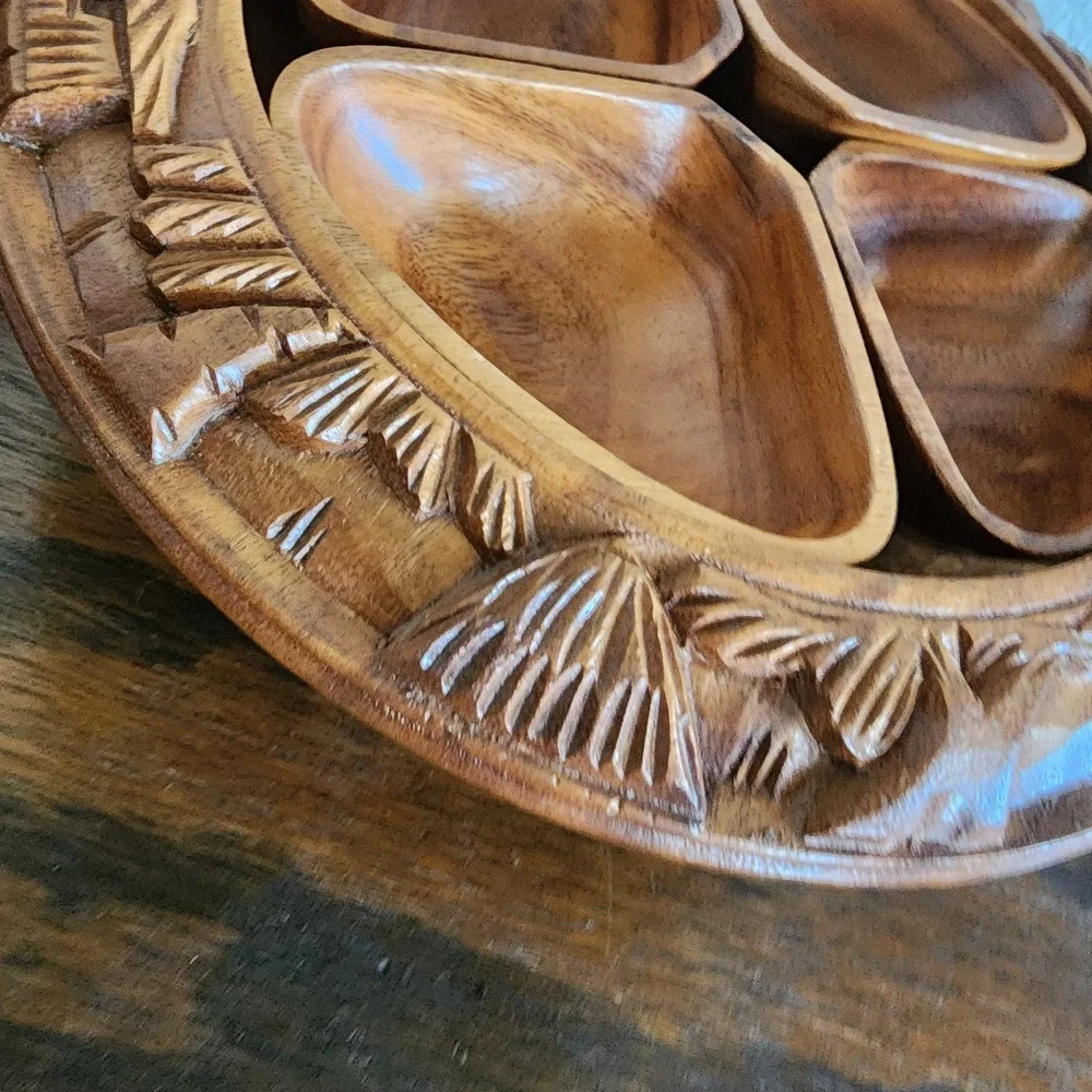 Hand Carved 3 Tier‎ Teak Pineapple Monkey Pod Lazy Susan Serving Tower Vintage